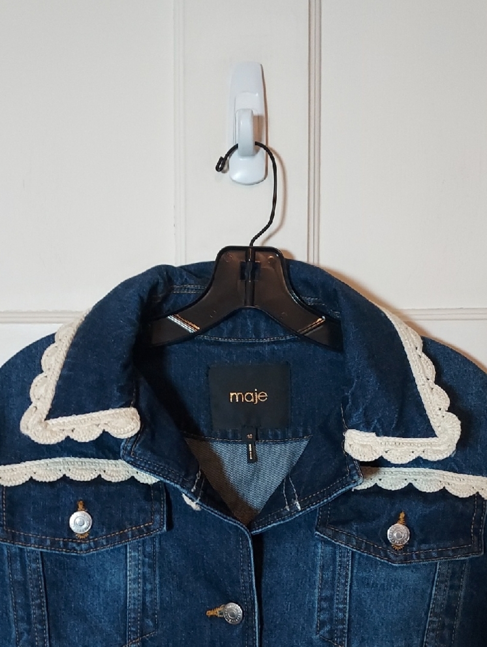Maje Denim Jacket With Crochet Hook Finishes Size 40 US Sz Large - Picture 9 of 16